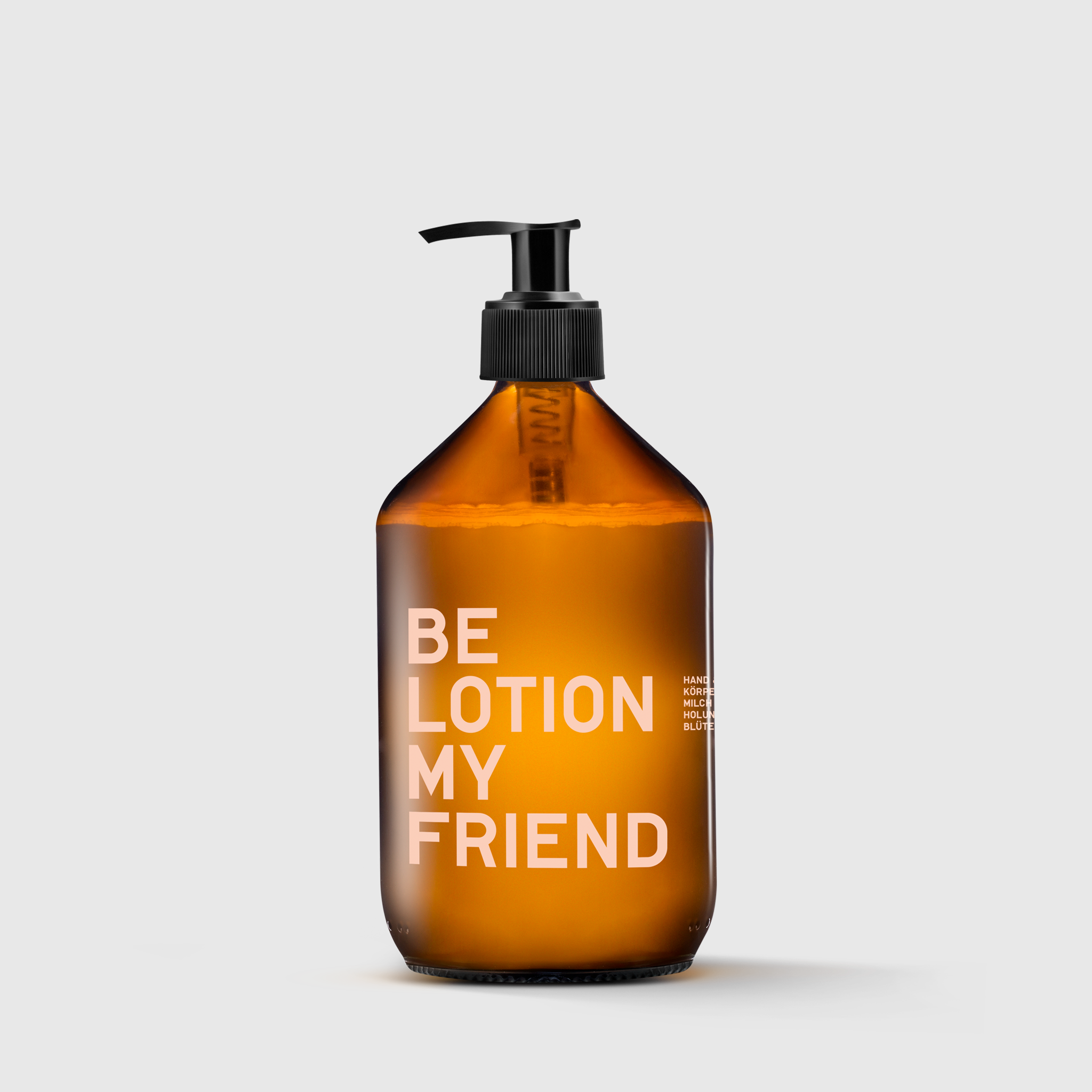 BE LOTION vegan hand and body milk 500ml, elderflower family size with pump dispenser, sustainable glass bottle