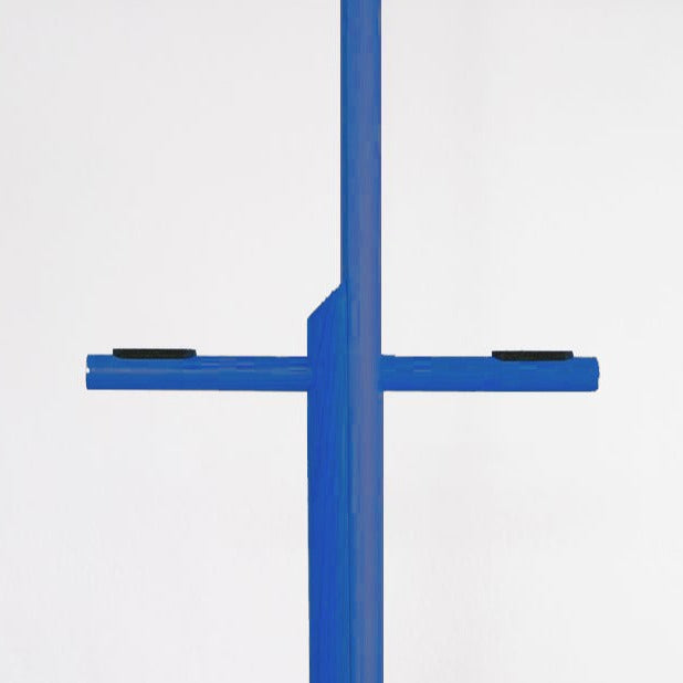 Blue metal stand with a vertical pole and two horizontal arms with black pads.