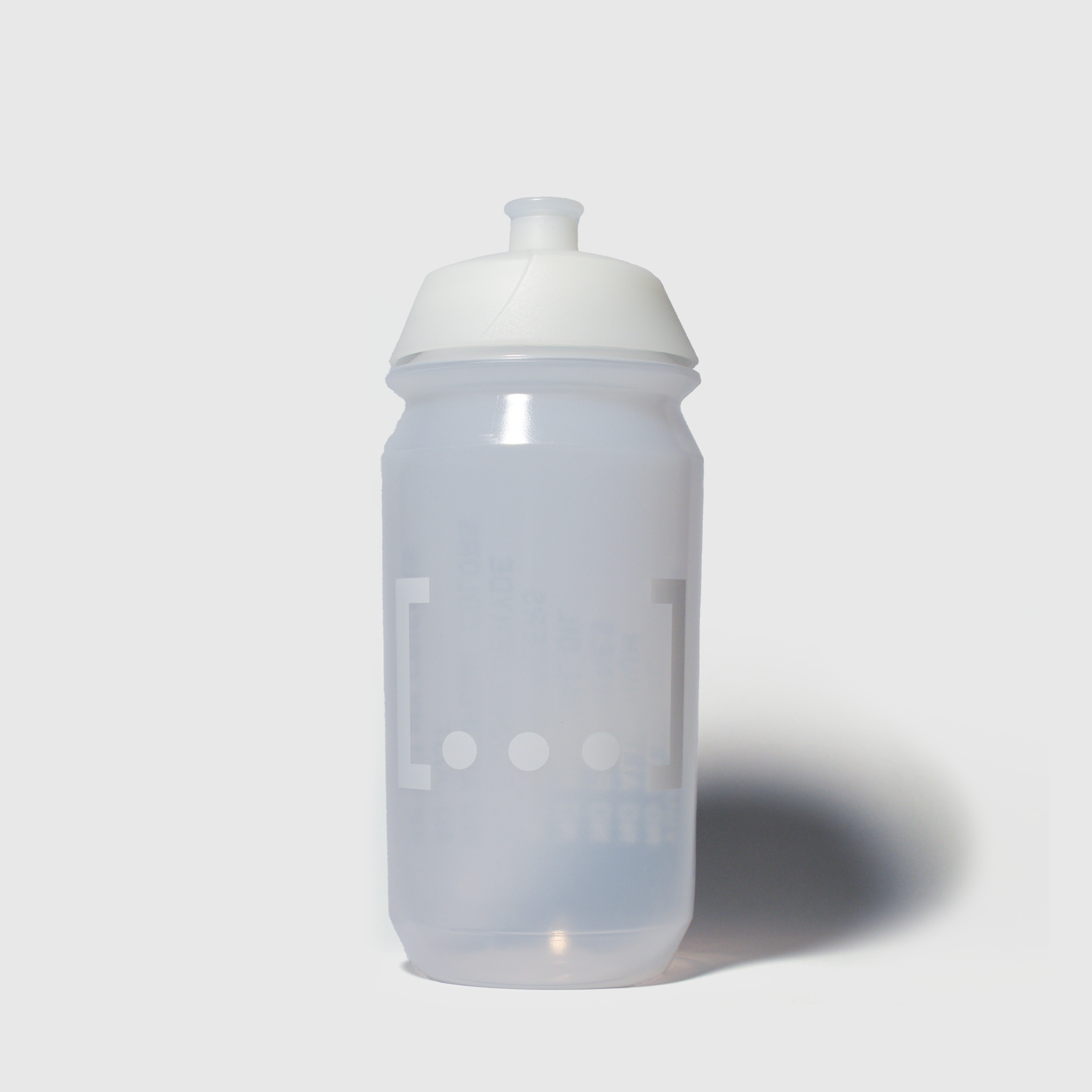 Translucent white cycling water bottle with white cap and minimalist geometric design.