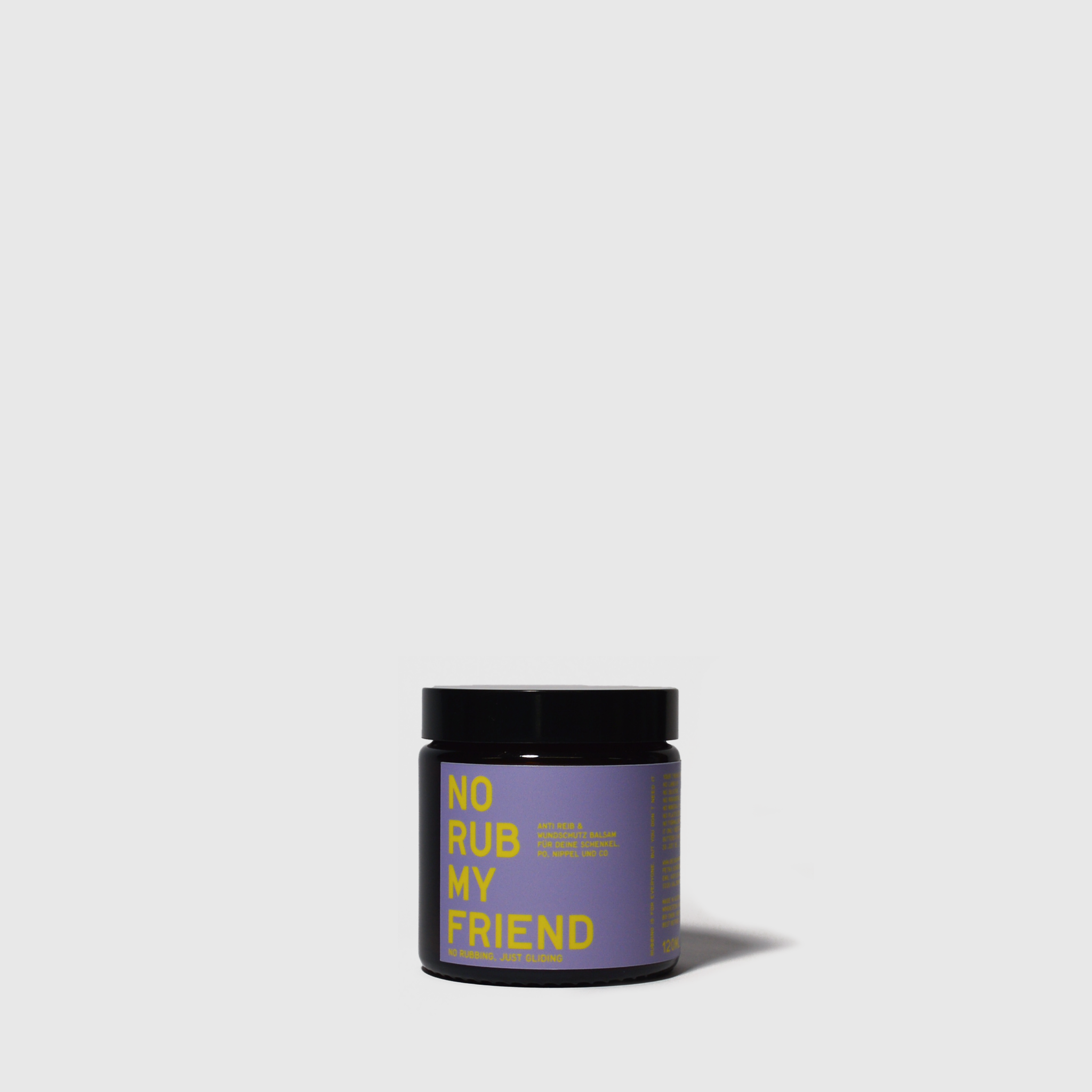 Purple jar with black lid labeled No Rub My Friend SOS Care Balm with rosemary, 60ml size.