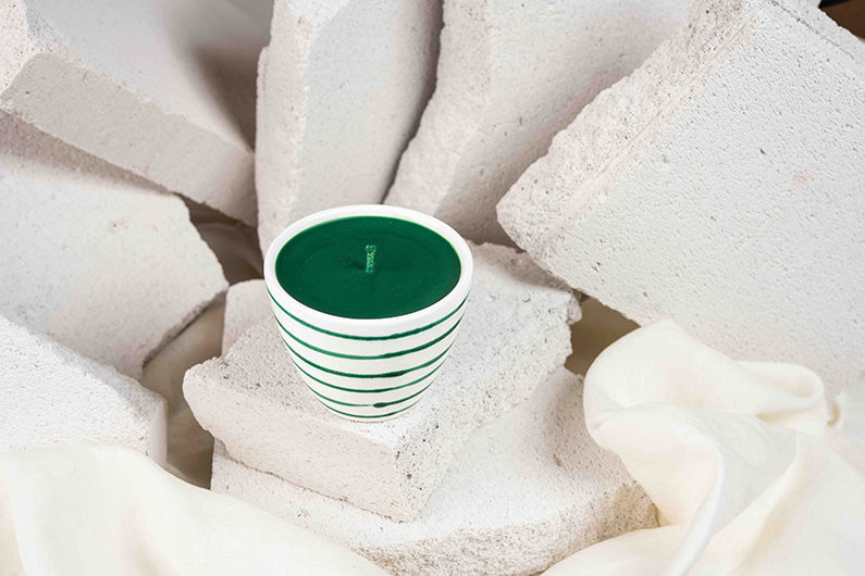 Gmundner Tasse ohne Henkel grün geflammt Kerze Natur 180ML